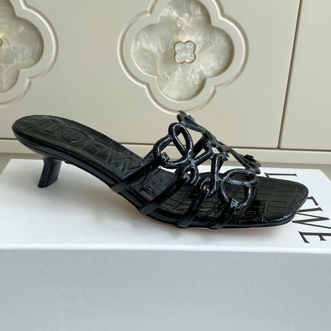 LOEWE 26S HIGH HEEL SANDALS 45MM IN BLACK CROC-EMBOSSED PATENT CALFSKIN