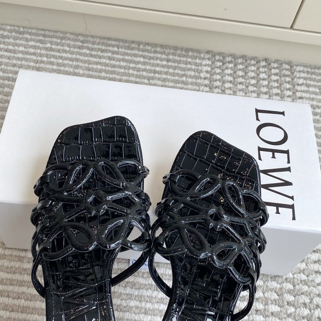 LOEWE 26S HIGH HEEL SANDALS 45MM IN BLACK CROC-EMBOSSED PATENT CALFSKIN