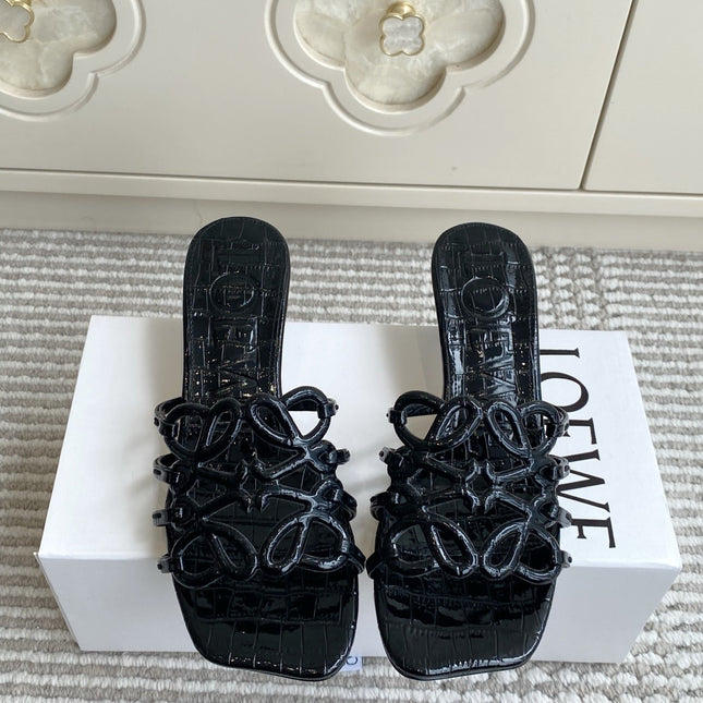 LOEWE 26S HIGH HEEL SANDALS 45MM IN BLACK CROC-EMBOSSED PATENT CALFSKIN