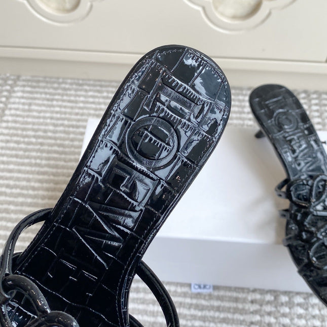 LOEWE 26S HIGH HEEL SANDALS 45MM IN BLACK CROC-EMBOSSED PATENT CALFSKIN
