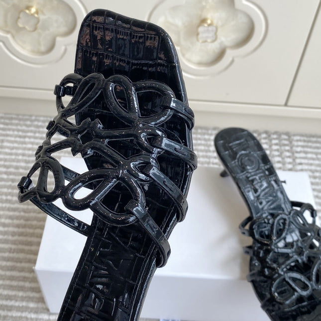 LOEWE 26S HIGH HEEL SANDALS 45MM IN BLACK CROC-EMBOSSED PATENT CALFSKIN