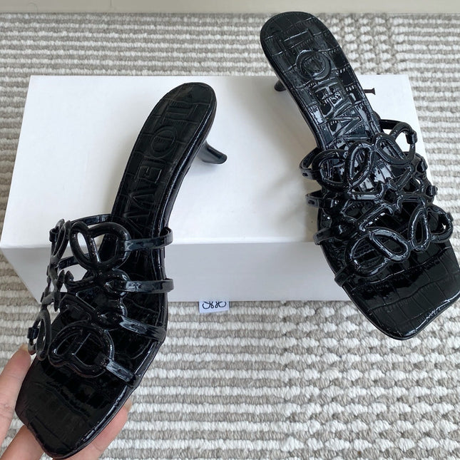 LOEWE 26S HIGH HEEL SANDALS 45MM IN BLACK CROC-EMBOSSED PATENT CALFSKIN
