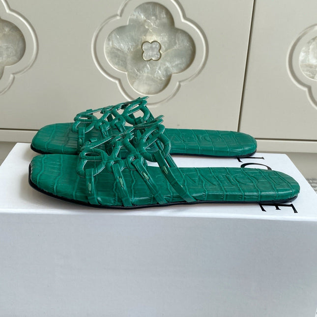 LOEWE 26S SLIDE SANDALS IN GREEN CROC-EMBOSSED CALFSKIN