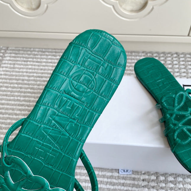 LOEWE 26S SLIDE SANDALS IN GREEN CROC-EMBOSSED CALFSKIN