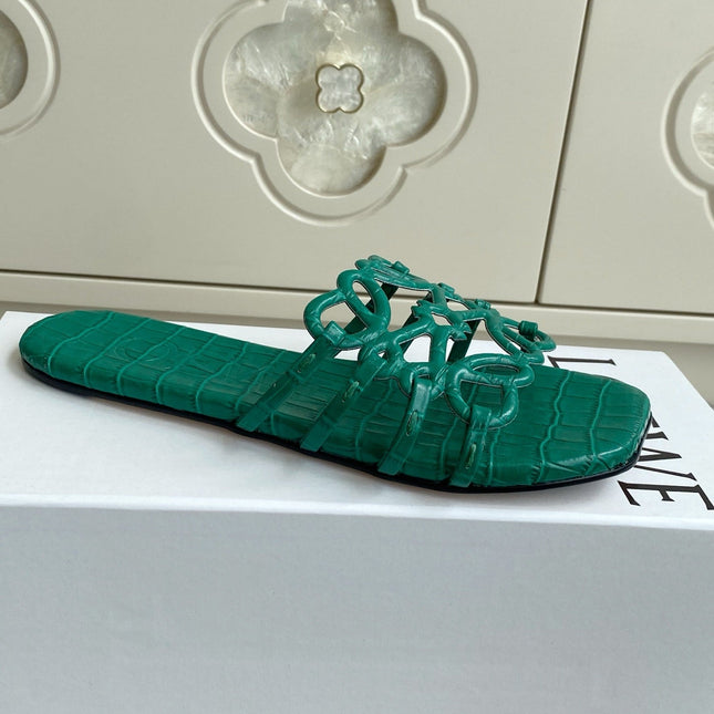 LOEWE 26S SLIDE SANDALS IN GREEN CROC-EMBOSSED CALFSKIN