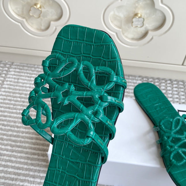 LOEWE 26S SLIDE SANDALS IN GREEN CROC-EMBOSSED CALFSKIN
