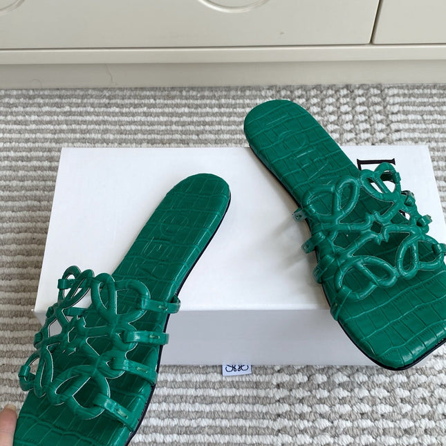 LOEWE 26S SLIDE SANDALS IN GREEN CROC-EMBOSSED CALFSKIN