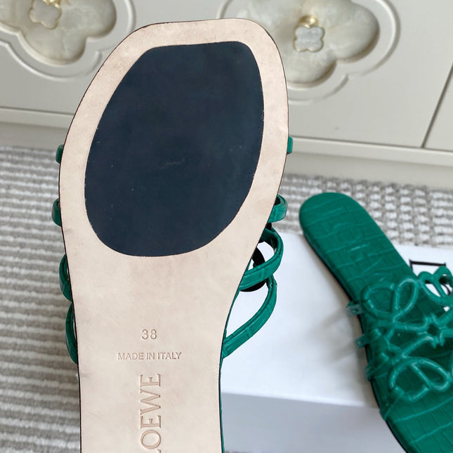 LOEWE 26S SLIDE SANDALS IN GREEN CROC-EMBOSSED CALFSKIN