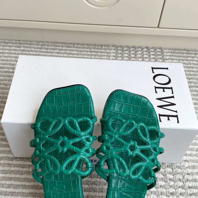 LOEWE 26S SLIDE SANDALS IN GREEN CROC-EMBOSSED CALFSKIN