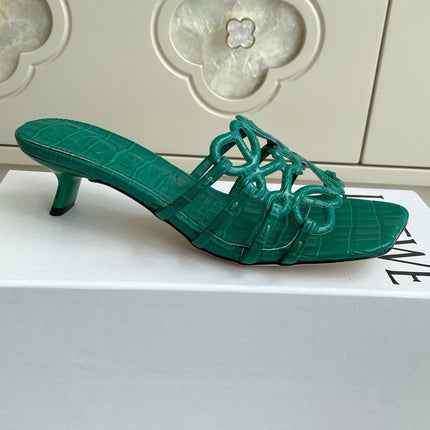 LOEWE 26S HIGH HEEL SANDALS 45MM IN GREEN CROC-EMBOSSED CALFSKIN