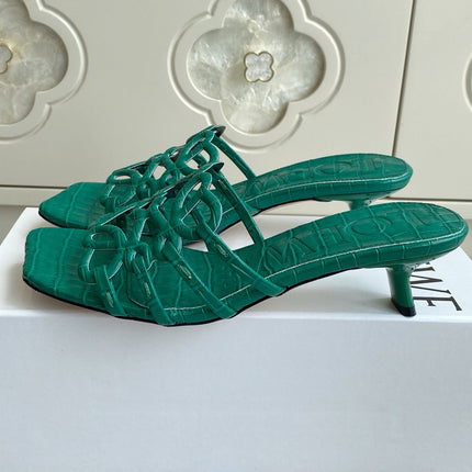 LOEWE 26S HIGH HEEL SANDALS 45MM IN GREEN CROC-EMBOSSED CALFSKIN