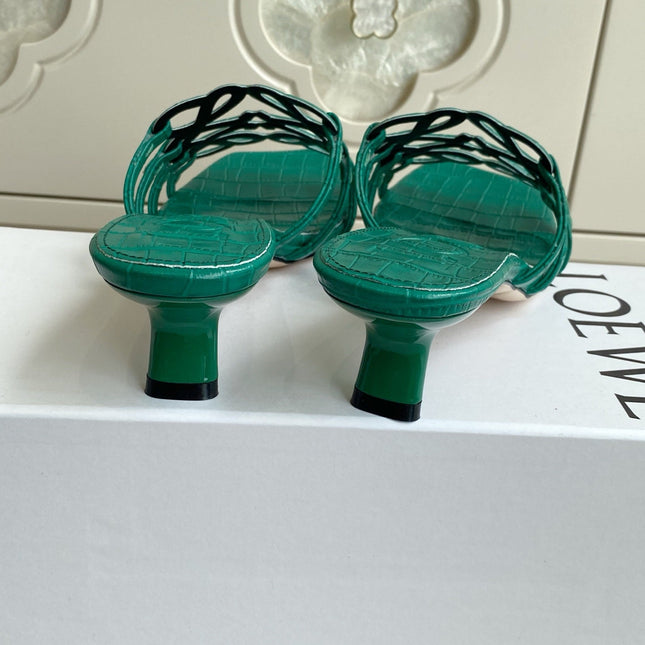 LOEWE 26S HIGH HEEL SANDALS 45MM IN GREEN CROC-EMBOSSED CALFSKIN