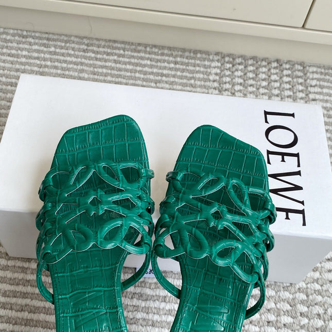 LOEWE 26S HIGH HEEL SANDALS 45MM IN GREEN CROC-EMBOSSED CALFSKIN