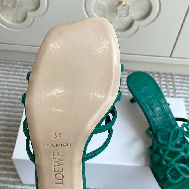 LOEWE 26S HIGH HEEL SANDALS 45MM IN GREEN CROC-EMBOSSED CALFSKIN