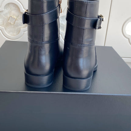 CHANEL 26S SHORT RIDING BOOTS IN BLACK CALFSKIN GOLD TONE CC LOGO BUCKLE STRAP