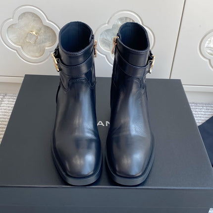 CHANEL 26S SHORT RIDING BOOTS IN BLACK CALFSKIN GOLD TONE CC LOGO BUCKLE STRAP
