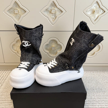 CHANEL 26S HIGH TOP PLATFORM SNEAKER BOOTS IN GREY DENIM