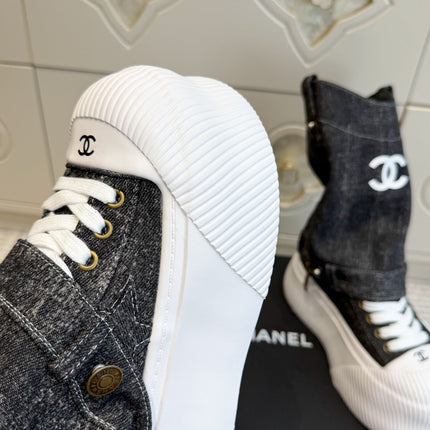 CHANEL 26S HIGH TOP PLATFORM SNEAKER BOOTS IN GREY DENIM