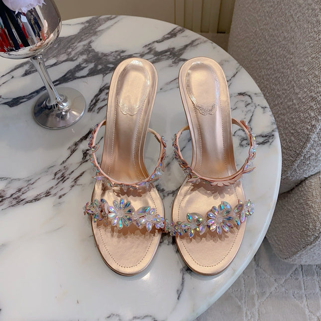 RENE CAOVILLA 26S HEEL SANDALS 65 MM IN ROSE GOLD LAMBSKIN CRYSTAL FLOWER EMBELLISHMENTS