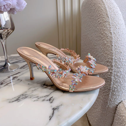 RENE CAOVILLA 26S HEEL SANDALS 65 MM IN ROSE GOLD LAMBSKIN CRYSTAL FLOWER EMBELLISHMENTS