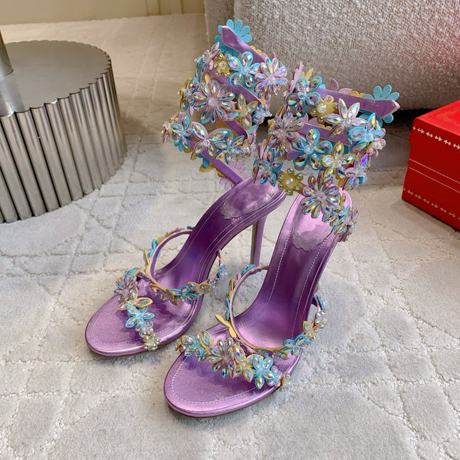 RENE CAOVILLA 26S HEEL SANDALS 95 MM IN METALLIC PURPLE LAMBSKIN CRYSTAL FLOWER EMBELLISHMENTS