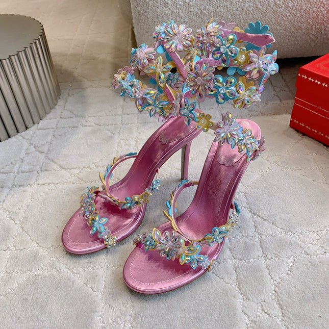 RENE CAOVILLA 26S HEEL SANDALS 95 MM IN METALLIC PINK LAMBSKIN CRYSTAL FLOWER EMBELLISHMENTS