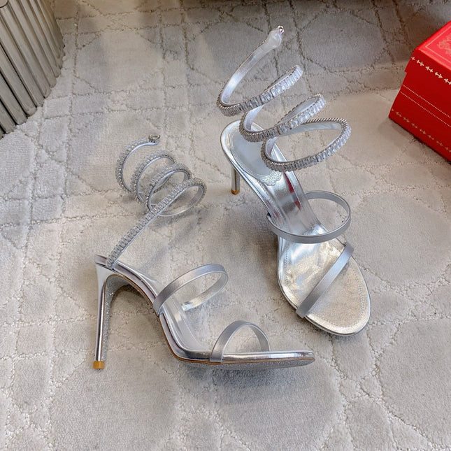 RENE CAOVILLA 26S CLEO HIGH HEELS SANDALS 95 MM IN SILVER LAMBSKIN STYLE 18