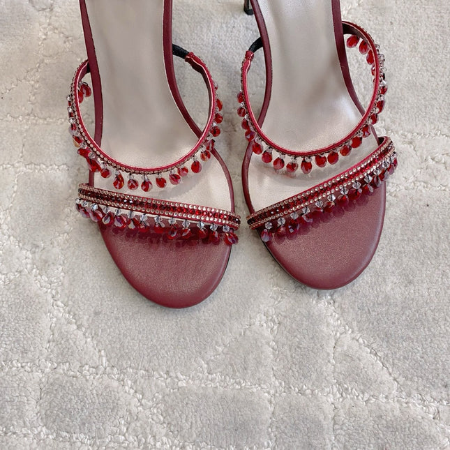 RENE CAOVILLA 26S CLEO HIGH HEELS SANDALS 95 MM IN DARK RED LAMBSKIN STYLE 12