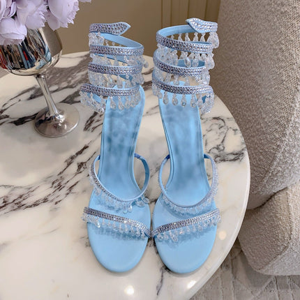 RENE CAOVILLA 26S CLEO HIGH HEELS SANDALS 95 MM IN LIGHT BLUE LAMBSKIN