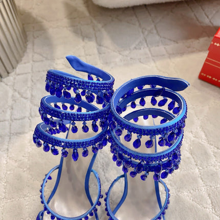 RENE CAOVILLA 26S CLEO HIGH HEELS SANDALS 95 MM IN NAVY BLUE LAMBSKIN