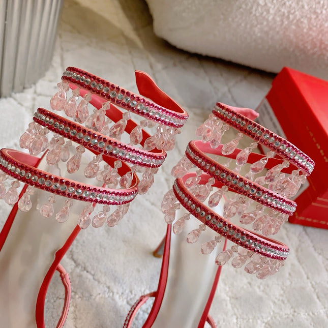 RENE CAOVILLA 26S CLEO HIGH HEELS SANDALS 95 MM IN RED LAMBSKIN