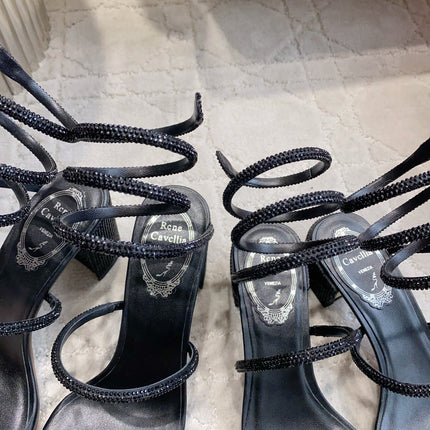 RENE CAOVILLA 26S RHINESTONE HIGH HEELS SANDALS 45 MM IN BLACK LAMBSKIN
