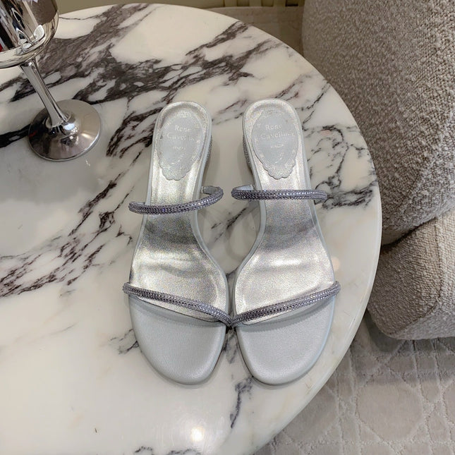 RENE CAOVILLA 26S HIGH-HEELED SANDALS 45 MM IN SILVER LAMBSKIN