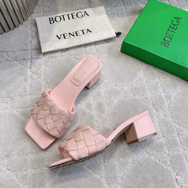 BOTTEGA VENETA 26S SQUARE-TOE HIGH-HEEL SANDALS 50 MM IN PASTEL PINK LAMBSKIN