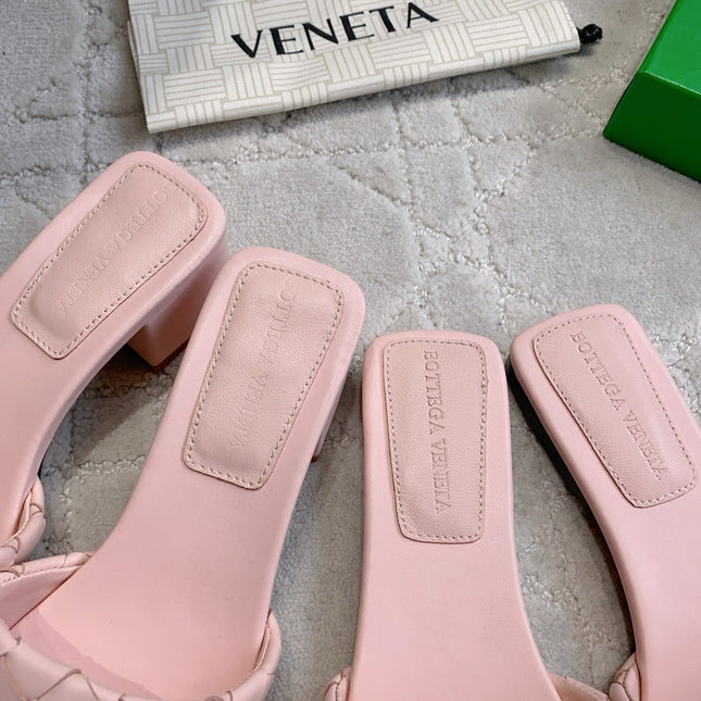 BOTTEGA VENETA 26S SQUARE-TOE HIGH-HEEL SANDALS 50 MM IN PASTEL PINK LAMBSKIN