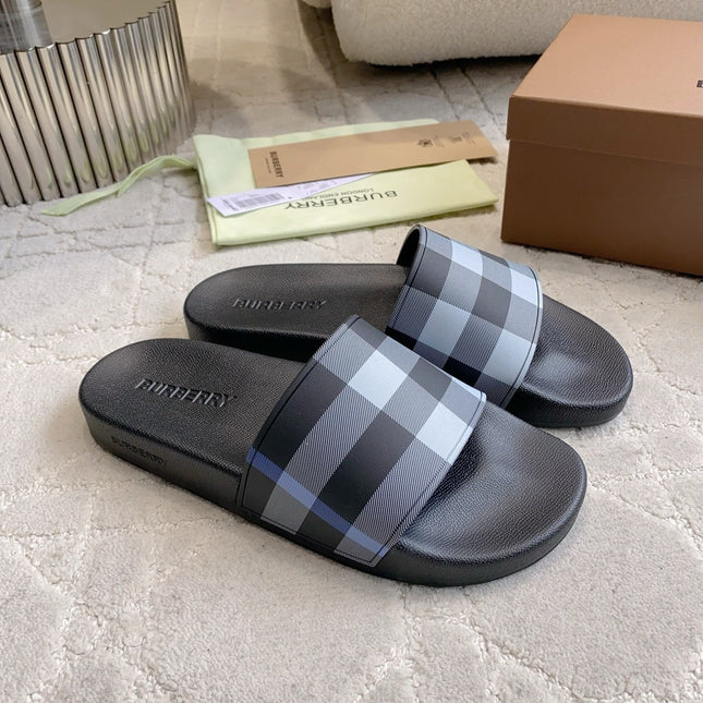 BURBERRY 26S CHECK PRINT RUBBER SLIDES IN BLACK CALFSKIN