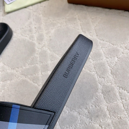 BURBERRY 26S CHECK PRINT RUBBER SLIDES IN BLACK CALFSKIN