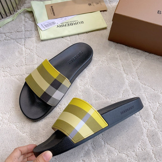 BURBERRY 26S CHECK RUBBER SLIDES IN LIME YELLOW CHECK CALFSKIN