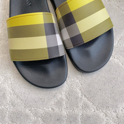 BURBERRY 26S CHECK RUBBER SLIDES IN LIME YELLOW CHECK CALFSKIN