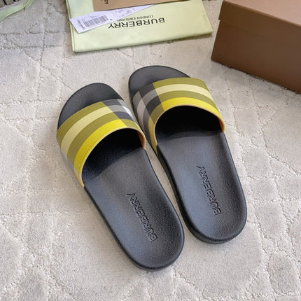 BURBERRY 26S CHECK RUBBER SLIDES IN LIME YELLOW CHECK CALFSKIN