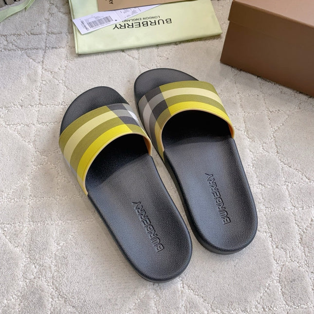 BURBERRY 26S CHECK RUBBER SLIDES IN LIME YELLOW CHECK CALFSKIN
