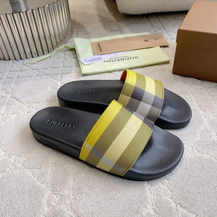 BURBERRY 26S CHECK RUBBER SLIDES IN LIME YELLOW CHECK CALFSKIN