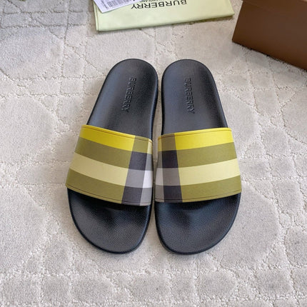 BURBERRY 26S CHECK RUBBER SLIDES IN LIME YELLOW CHECK CALFSKIN