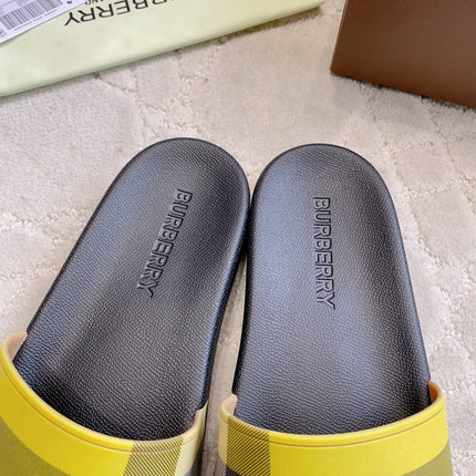 BURBERRY 26S CHECK RUBBER SLIDES IN LIME YELLOW CHECK CALFSKIN