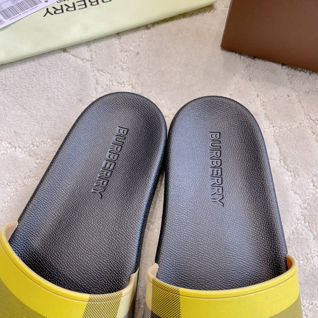 BURBERRY 26S CHECK RUBBER SLIDES IN LIME YELLOW CHECK CALFSKIN