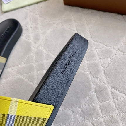 BURBERRY 26S CHECK RUBBER SLIDES IN LIME YELLOW CHECK CALFSKIN