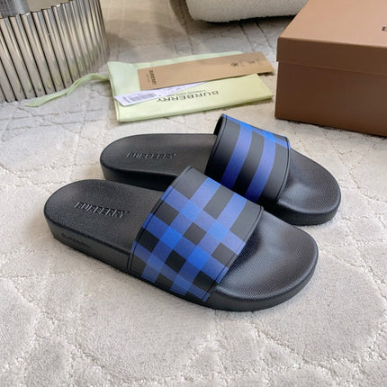 BURBERRY 26S CHECK PRINT RUBBER SLIDES IN BLUE BLACK CALFSKIN