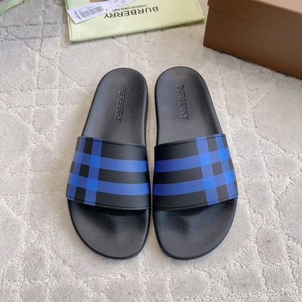 BURBERRY 26S CHECK PRINT RUBBER SLIDES IN BLUE BLACK CALFSKIN