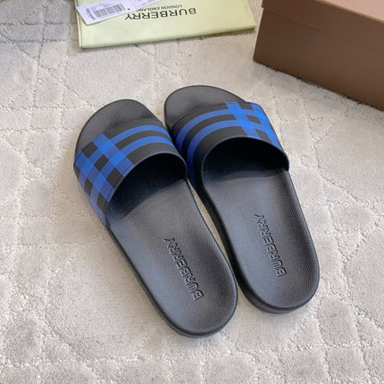 BURBERRY 26S CHECK PRINT RUBBER SLIDES IN BLUE BLACK CALFSKIN