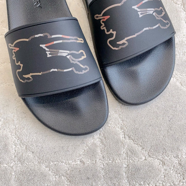 BURBERRY 26S EQUESTRIAN KNIGHT RUBBER SLIDES IN BLACK CALFSKIN